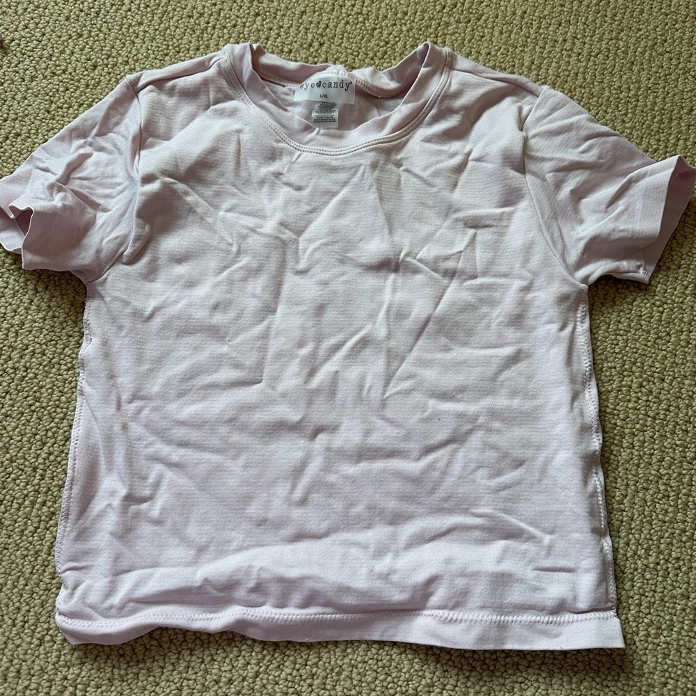Eye Candy Light Pink Short Sleeve Tee( large in kids fits like a small in women)